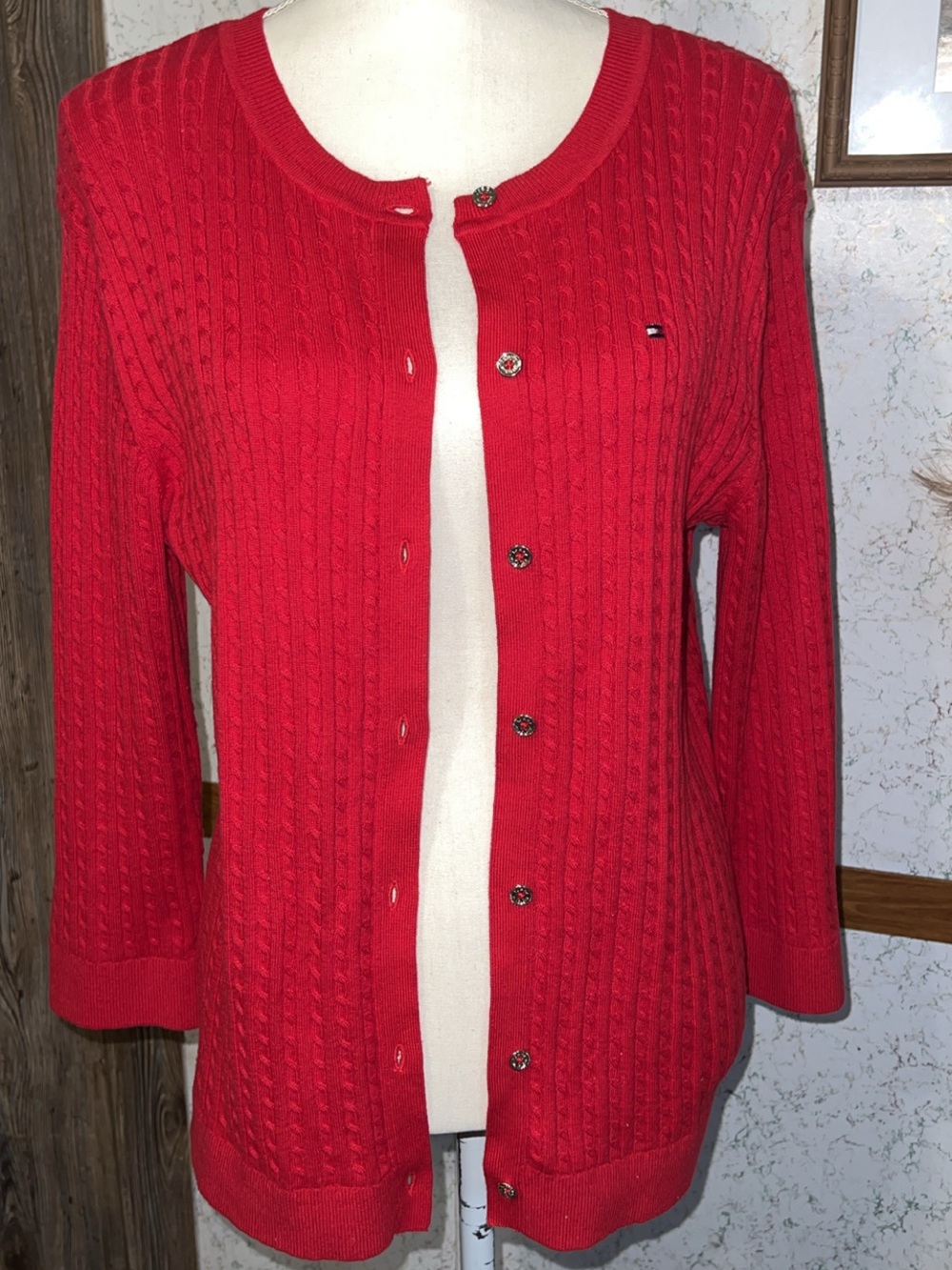 Tommy Hilfiger Red Cable Knit Cardigan Sweater Women’s Size L Button Front